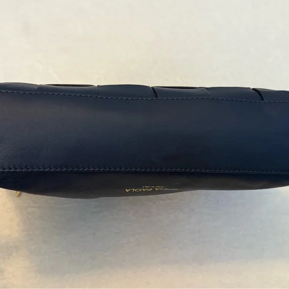 Anna Paola Leather Basketweave Zip Top Brit Shoulder Bag Made in Italy Navy Blue - Picture 4 of 10